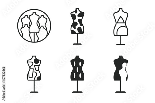 Fashion Diversity Icons. Diversity in fashion. Icon set. Set Logo of diversity in fashion: mannequin figures of various shapes and patterns. harmonious logo