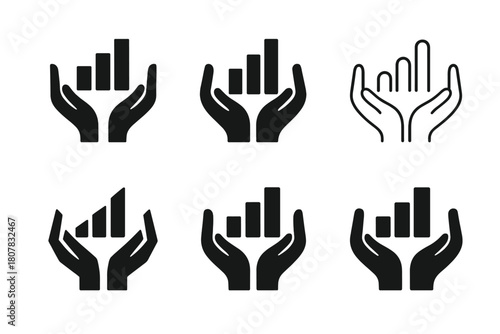 Creative Incubator Logos. Business incubator. Icon set. Set Logo of business incubator: rising graph emerging from protective hands. harmonious logo variations