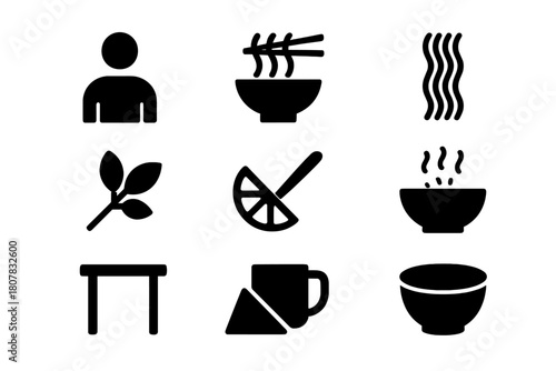 Traditional Pho Icons. Traditional Pho. Solid icon set of Traditional Pho: person, bowl of pho, chopsticks, noodles, herbs, lime wedge, spoon, steam, table,