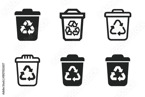 Trash Bin Lid Logos. Trash bin lid. Icon set. Set Logo of Trash bin lid: Recycling symbol on lid. harmonious logo variations of the same emblematic concept