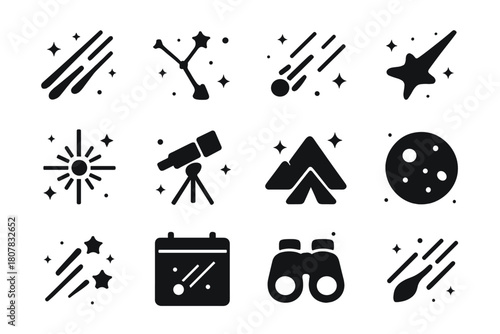 Meteor Showers Icons. Meteor showers. Solid icons set of Meteor showers: streaking meteors, constellation, night sky, shooting star, radiant point, telescope,
