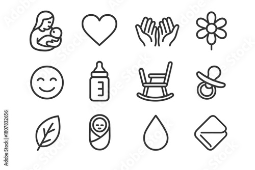 Nurturing Love Icons. Nurturing Love. Line icon set of Nurturing Love: mother, baby, heart, hands, flower, smile, bottle, chair, pacifier, leaf, blanket, milk