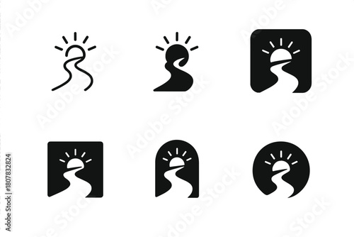 Existence Logo Variations. Existence. Icon set. Set Logo of Existence: Pathway or road. harmonious logo variations of the same emblematic concept, each with