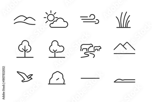 Steppe Landscape Icons. Steppe Landscape. Line icon set of Steppe Landscape: rolling hills, sun, clouds, wind lines, grass, tree, river, herd,