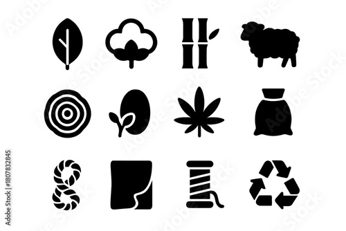 Natural Materials Icons. Natural materials. Solid icon set of natural materials: leaf, cotton, bamboo, wool, wood, silk cocoon, hemp, jute, rope, fabric,