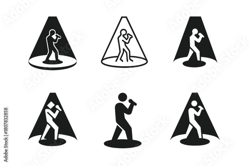 Singer Spotlight Logos. Singer in spotlight. Icon set. Set Logo of singer in spotlight: dramatic light and stage presence. harmonious logo variations of the