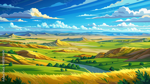 Very beautiful panoramic view of the Great Plains in South Dakota during summer, showcasing wide open grasslands, gently rolling hills, and a bright blue sky dotted with fluffy clouds, capturing the 