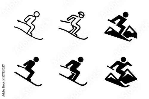 Ski Adventure Icons. Skiing on mountain slopes. Icon set. Set Logo of skiing on mountain slopes: dynamic symbol representing motion, balance, and adventure.