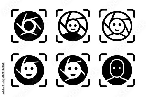 Facial Recognition Logos. Facial recognition. Icon set. Set Logo of facial recognition: camera lens with face aperture motif. harmonious logo variations of the