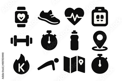 Fitness Icon Set. Fitness tracking. Solid icon set of Fitness tracking: smartwatch, running shoe, heart rate, step counter, dumbbell, stopwatch, water bottle,