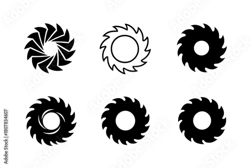 Power Saw Blade Logos. Power saw blade. Icon set. Set Logo of Power Saw Blade: abstract blade forming circular energy symbol. harmonious logo variations of the