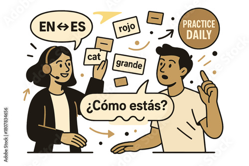 Dynamic Language Learning. AI Assistants ? Language Tutor. Word cards drift between two bubbles labeled ?EN - ES?; pronunciation waves glide under a
