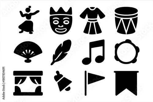 Traditional Dance Icons. Traditional dance. Solid icon set of Traditional dance: dancer, mask, costume, drum, fan, feather, music note, tambourine, stage,