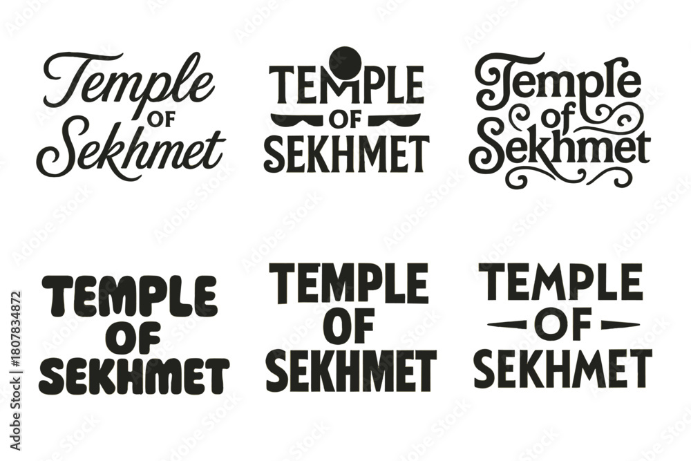Obraz premium Temple Emblem Lettering Grid. Temple of Sekhmet. Set lettering. harmonious lettering variations of the same emblematic concept, each with different artistic