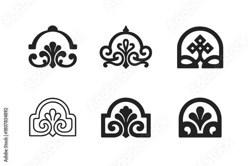 Decorative Headboard Logos. Headboard panel. Icon set. Set Logo of headboard panel: decorative carving motif. harmonious logo variations of the same emblematic