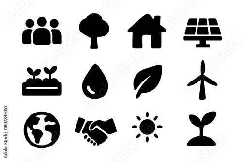 Eco Community Icons. Eco communities. Solid icon set of eco communities: people group, tree, house, solar panel, garden, water drop, leaf, wind turbine, globe,