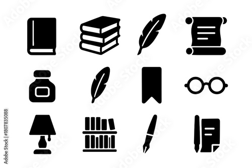 Classic Novel Icons. Classic novels. Solid icon set of classic novels: book, stack of books, quill, scroll, ink bottle, feather, bookmark, glasses, lamp,