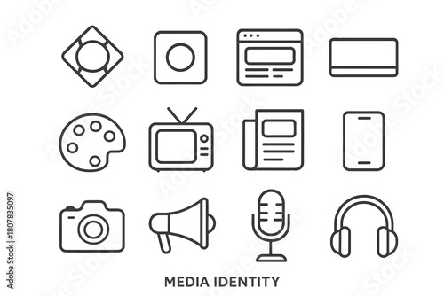 Media Icons Grid. Media identity. Line icon set of Media identity: logo, social media icon, website, banner, paint palette, TV, newspaper, smartphone, camera,