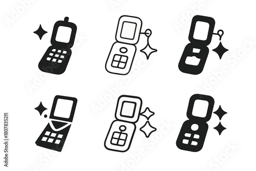 Glam Accessory Icons. McBling. Icon set. Set Logo of glam accessories: flip phone with sparkle charm. harmonious logo variations of the same emblematic