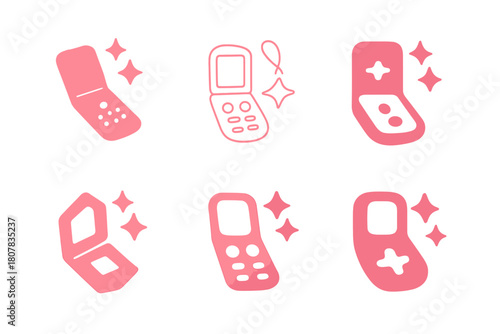 Glam Accessory Icons. McBling. Icon set. Set Logo of glam accessories: flip phone with sparkle charm. harmonious logo variations of the same emblematic