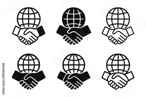 Global Business Icons. Global Business. Solid icon set of Global Business: world map, office building, trade arrows, briefcase, cargo ship, money transfer,