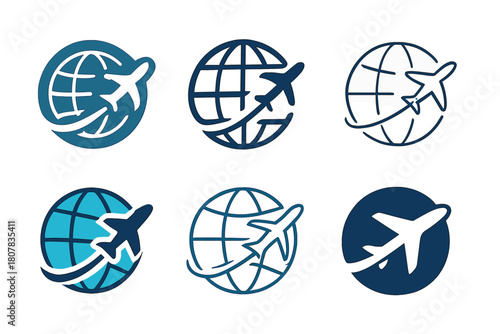 Global Emblem Variations. International sticker. Icon set. Set Logo of International sticker: airplane flying around globe sticker. harmonious logo variations