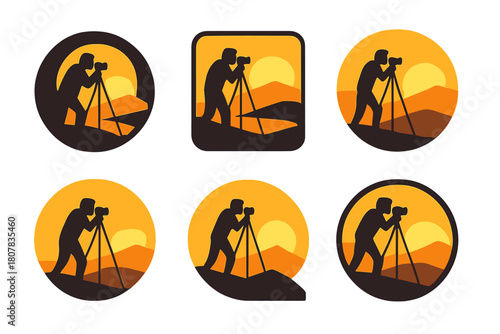 Golden Hour Icons. Photography of landscapes during golden hour. Icon set. Set Logo of Photography of landscapes during golden hour: silhouetted photographer