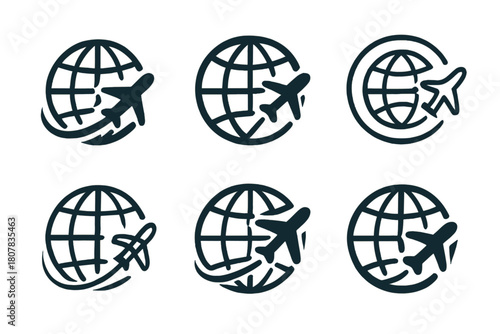 Global Emblem Variations. International sticker. Icon set. Set Logo of International sticker: airplane flying around globe sticker. harmonious logo variations