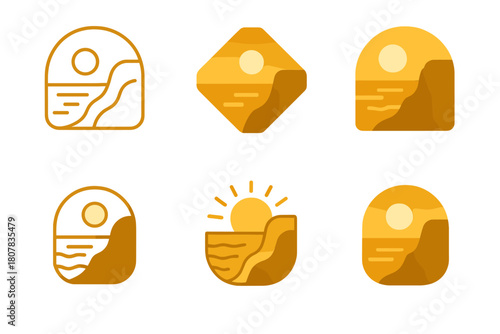 Golden Hour Landscape Logos. Photography of landscapes during golden hour. Icon set. Set Logo of Photography of landscapes during golden hour: coastal cliff