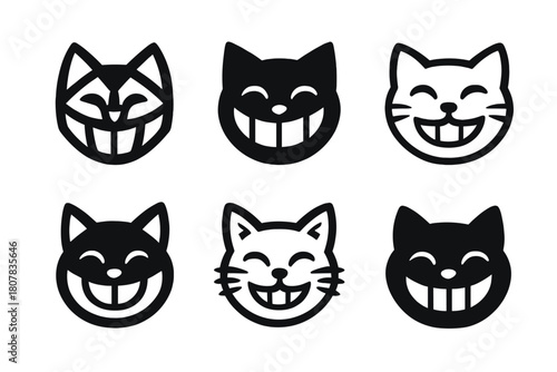 Grinning Cat Logos. Smiling. Icon set. Set Logo of Smiling: Grinning Cat. harmonious logo variations of the same emblematic concept, each with different