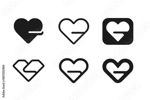 Heart Connection Icons. First date experiences. Icon set. Set Logo of connection: two hearts linked by a line. harmonious logo variations of the same