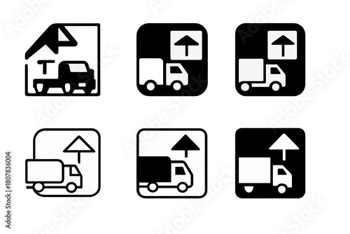 Highway Rest Stop Logos. Highway rest stop scene. Icon set. Set Logo of Highway rest stop scene: parked cars under streetlights. harmonious logo variations of