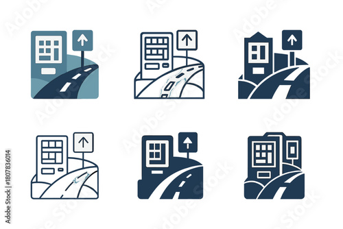 Highway Rest Stop Logos. Highway rest stop scene. Icon set. Set Logo of Highway rest stop scene: parked cars under streetlights. harmonious logo variations of