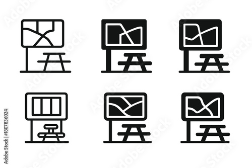 Highway Rest Stop Icons. Highway rest stop scene. Icon set. Set Logo of Highway rest stop scene: highway view with parked RV. harmonious logo variations of the