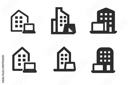 Hybrid Workplace Icons. Remote and hybrid workplaces. Icon set. Set Logo of Remote and hybrid workplaces: hybrid office building. harmonious logo variations of
