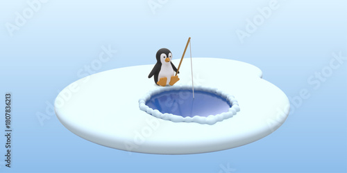 Cute 3d vector penguin sitting on a snowy ice platform while ice fishing through a round hole in the frozen surface. Soft blue background. Clean, minimal winter design illustration.