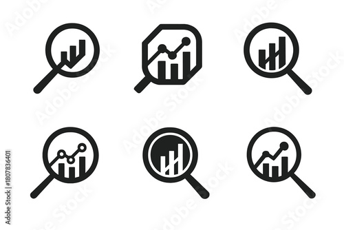 Insight Discovery Logos. Data-driven decisions. Icon set. Set Logo of insight discovery: magnifying glass over graph. harmonious logo variations of the same