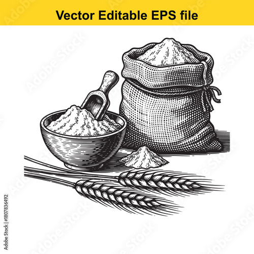 Handdrawn illustration of a sack of flour, a bowl with flour and a scoop, and wheat ears isolated on vintage style drawing