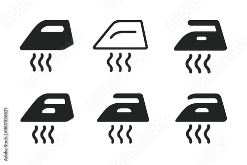 Ironing Care Icons. Laundry and clothing hygiene. Icon set. Set Logo of ironing care: iron with steam waves. harmonious logo variations of the same emblematic