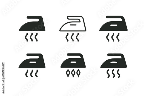 Ironing Care Icons. Laundry and clothing hygiene. Icon set. Set Logo of ironing care: iron with steam waves. harmonious logo variations of the same emblematic
