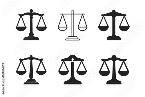 Justice Icons Grid. Courtroom settings and legal proceedings. Icon set. Set Logo of justice: scales of balance. harmonious logo variations of the