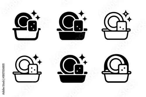 Kitchen Organization Logos. Organizing the kitchen after dinner. Icon set. Set Logo of kitchen organization: clean sink and sponge. harmonious logo variations