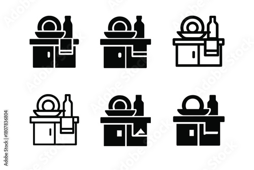 Kitchen Organization Logos. Organizing the kitchen after dinner. Icon set. Set Logo of kitchen organization: clean sink and sponge. harmonious logo variations