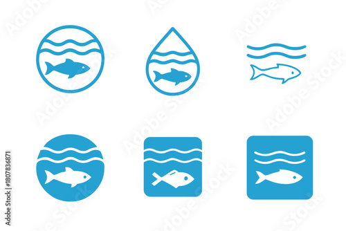 Lake Clarity Icons. Freshwater lakes with crystal-clear water. Icon set. Set Logo of underwater clarity: rippling water surface with fish silhouette.