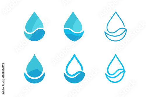 Lake Ecosystem Logos. Freshwater lakes with crystal-clear water. Icon set. Set Logo of pure ecosystem: water droplet merging with wave. harmonious logo