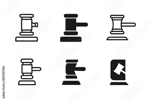 Legal Icons Grid. Courtroom settings and legal proceedings. Icon set. Set Logo of justice: hammer of law symbol. harmonious logo variations of the same