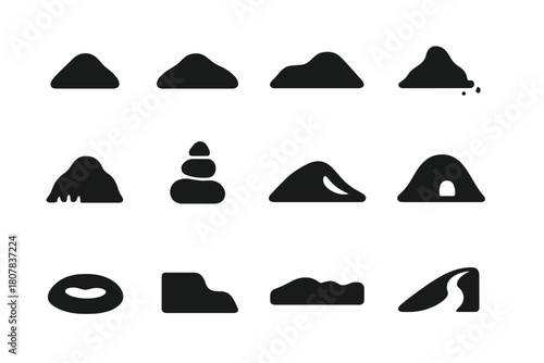 Mound Icons Grid. Mound. Solid icon set of Mound: earth heap, hillock, berm, soil pile, grassy knoll, stone cairn, dune, barrow, crater rim, terrace step,