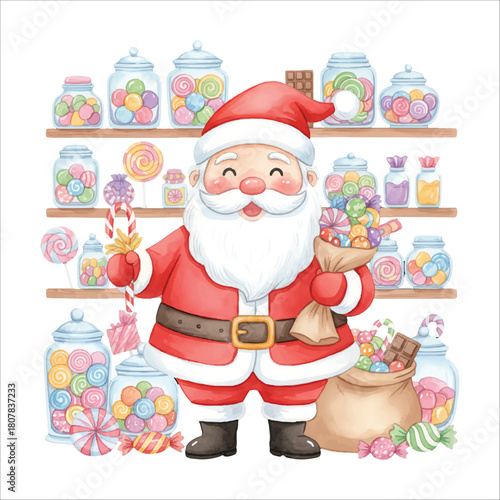 Santa Claus in candy shop, watercolor Christmas vector, isolated on white background
