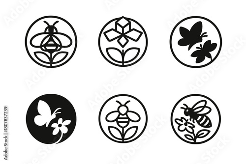 Insect Pollination Logos. insects in pollination. Icon set. Set Logo of insects in pollination: pollination ecosystem circle. harmonious logo variations of the