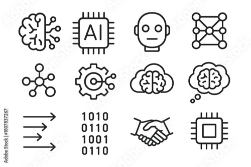 AI Cognition Icons. Artificial intelligence and cognition. Line icon set of artificial intelligence and cognition: brain circuit, AI chip, robot head, neural